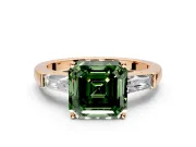 3 Stone Engagement Ring Setting for Fancy Green Asscher Cut Center with Tapered Baguettes, Plain Band and Prong Head in Rose Gold