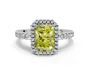 Accent Halo Engagement Ring Setting for Fancy Yellow Radiant Cut Center with Full-Length Pave Band and Prong Head in Platinum