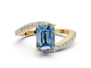 Solitaire Engagement Ring Setting for Fancy Blue Emerald Cut Center with Pave Bypass Swirl Band and Prong Head in Yellow Gold