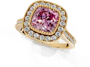 Halo Engagement Ring Setting for Fancy Pink Cushion Cut Center with Milgrain Frame, Pave Band and Prong Head in Yellow Gold