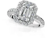 Halo Engagement Ring Setting for Emerald Cut Center with Heart-Shaped Openwork, Pave Band and Prong Head in White Gold