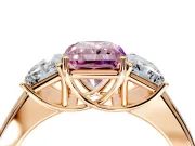 3 Stone Engagement Ring Setting for Fancy Pink Radiant Cut Center with Raised Basket Heads and Prong Head in Rose Gold
