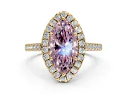 Halo Engagement Ring Setting for Fancy Pink Marquise Center with Narrowing Pave Band and Prong Head in Yellow Gold