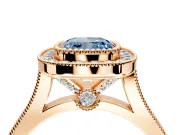 Halo Engagement Ring Setting for Fancy Blue Cushion Cut Center with Milgrain Frame, Pave Band and Prong Head in Rose Gold
