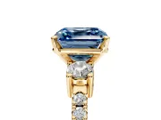 3 Stone Engagement Ring Setting for Fancy Blue Asscher Cut Center with Round Cut Side Accents and Prong Head in Yellow Gold