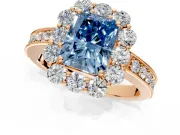 Halo Engagement Ring Setting for Fancy Blue Radiant Cut Center with Milgrain Channel Band and Prong Head in Rose Gold