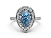 Halo Engagement Ring Setting for Fancy Blue Pear-Shaped Center with Milgrain Pave Band and Bezel Head in Sterling Silver