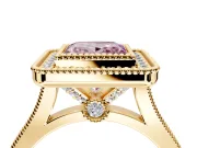 Halo Engagement Ring Setting for Fancy Pink Princess Cut Center with Milgrain Frame, Pave Band and Prong Head in Yellow Gold