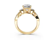 3 Stone Engagement Ring Setting for Princess Cut Center with Pave Split Shank and Prong Head in Yellow Gold