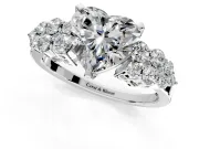 Cluster Engagement Ring Setting for Heart-Shaped Center with 2-Row Shoulder Clusters and Prong Head in Platinum
