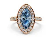 Bezel-Framed Halo Engagement Ring Setting for Fancy Blue Marquise Center with Pave Band and Prong Head in Rose Gold