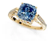 Cathedral Engagement Ring Setting for Fancy Blue Cushion Cut Center with Antique-Style Pave Band and Prong Head in Yellow Gold
