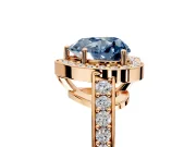 Bezel-Framed Halo Engagement Ring Setting for Fancy Blue Heart-Shaped Center with Pave Band and Prong Head in Rose Gold