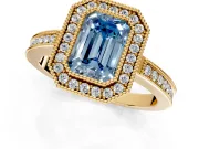 Halo Engagement Ring Setting for Fancy Blue Emerald Cut Center with Milgrain Halo, Pave Band and Prong Head in Yellow Gold