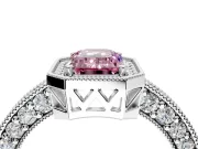 Milgrain Halo Engagement Ring Setting for Fancy Pink Emerald Cut Center with Wide Pave Band and Prong Head in White Gold