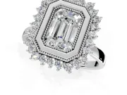 Halo Engagement Ring Setting for Emerald Cut Center with Milgrain Bezel Rim, Plain Band and Prong Head in Platinum