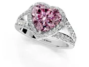 Halo Engagement Ring Setting for Fancy Pink Heart-Shaped Center with Narrow Pave Split Shank and Prong Head in White Gold