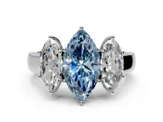 3 Stone Engagement Ring Setting for Fancy Blue Marquise Center with Raised Basket Heads and Prong Head in Platinum
