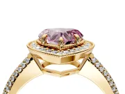 Milgrain Halo Engagement Ring Setting for Fancy Pink Heart-Shaped Center with Three-Sided Pave Band and Prong Head in Yellow Gold