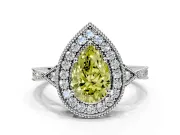 Halo Engagement Ring Setting for Fancy Yellow Pear-Shaped Center with Milgrain Rim, Pave Band and Prong Head in Sterling Silver