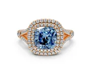 Double Halo Engagement Ring Setting for Fancy Blue Cushion Cut Center with Narrow Pave Split Shank and Prong Head in Rose Gold