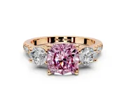3 Stone Engagement Ring Setting for Fancy Pink Cushion Cut Center with Crossover Basket, Pave Band and Prong Head in Rose Gold