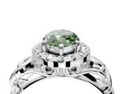 Halo Engagement Ring Setting for Fancy Green Marquise Center with Open Scroll Shoulders and Prong Head in Platinum