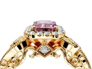 Milgrain Halo Engagement Ring Setting for Fancy Pink Emerald Cut Center with Shoulder Bezels and Prong Head in Yellow Gold