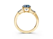 3 Stone Engagement Ring Setting for Fancy Blue Round Cut Center with Baguette Accents and Prong Head in Yellow Gold