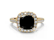 Halo Engagement Ring Setting for Fancy Black Cushion Cut Center with Narrowing Pave Band and Prong Head in Yellow Gold
