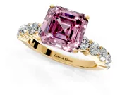 Shared-Prong Engagement Ring Setting for Fancy Pink Asscher Cut Center with Graduated Accents and Prong Head in Yellow Gold