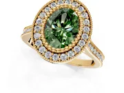 Halo Engagement Ring Setting for Fancy Green Oval Center with Milgrain Frame, Pave Band and Prong Head in Yellow Gold
