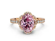 Halo Engagement Ring Setting for Fancy Pink Oval Center with Openwork Halo, Pave Band and Prong Head in Rose Gold