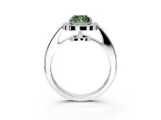 Bezel-Framed Halo Engagement Ring Setting for Fancy Green Cushion Cut Center with Pave Band and Prong Head in White Gold
