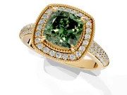 Milgrain Halo Engagement Ring Setting for Fancy Green Cushion Cut Center with Three-Sided Pave Band and Prong Head in Yellow Gold