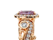 Milgrain Halo Engagement Ring Setting for Fancy Pink Emerald Cut Center with Shoulder Bezels and Prong Head in Rose Gold