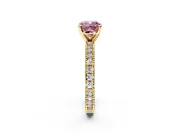Solitaire Engagement Ring Setting for Fancy Pink Cushion Cut Center with Milgrain-Edged Pave Band and Prong Head in Yellow Gold