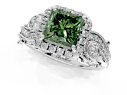 Bypass Halo Engagement Ring Setting for Fancy Green Princess Cut Center with Bezel Accents, Milgrain and Prong Head in Sterling Silver