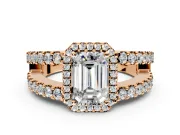 Halo Engagement Ring Setting for Emerald Cut Center with Wide-Open Pave Split Shank and Prong Head in Rose Gold