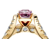 Solitaire Engagement Ring Setting for Fancy Pink Emerald Cut Center with Pave Cathedral Shoulders and Prong Head in Yellow Gold