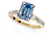 Baguette Engagement Ring Setting for Fancy Blue Emerald Cut Center with Alternating Bar-Set Band and Prong Head in Yellow Gold
