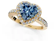 Halo Engagement Ring Setting for Fancy Blue Heart-Shaped Center with Heart-Shaped Openwork, Pave Band and Prong Head in Yellow Gold