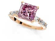 Baguette Engagement Ring Setting for Fancy Pink Princess Cut Center with Alternating Bar-Set Band and Prong Head in Rose Gold