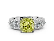 Cluster Engagement Ring Setting for Fancy Yellow Cushion Cut Center with 2-Row Shoulder Clusters and Prong Head in Platinum