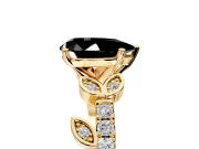 Leaf Motif Engagement Ring Setting for Fancy Black Pear-Shaped Center with Pave Band and Prong Head in Yellow Gold