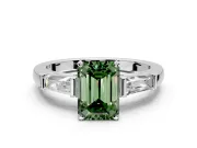 3 Stone Engagement Ring Setting for Fancy Green Emerald Cut Center with Tapered Baguettes, Plain Band and Prong Head in Platinum