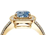 Milgrain Halo Engagement Ring Setting for Fancy Blue Cushion Cut Center with Three-Sided Pave Band and Prong Head in Yellow Gold