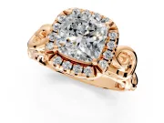 Halo Engagement Ring Setting for Cushion Cut Center with Open Scroll Shoulders and Prong Head in Rose Gold