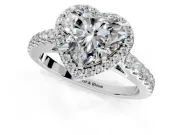 Halo Engagement Ring Setting for Heart-Shaped Center with Full Pave Band and Prong Head in White Gold
