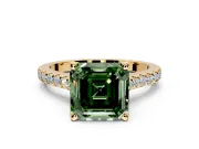 Solitaire Engagement Ring Setting for Fancy Green Asscher Cut Center with Widening Pave Band and Claw Prong Head in Yellow Gold